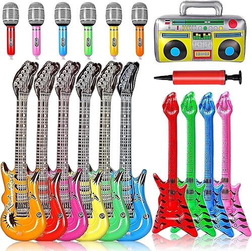 Juego de instrumentos inflables de estrella de rock de 18 piezas, guitarra inflable que incluye bajo inflable y micrófonos, radio inflable Boombox