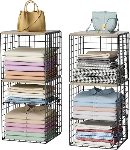 Organizadores y almacenamiento de armario de 6 niveles, estantes de armario con divisores ajustables y parte superior de madera, contenedores de