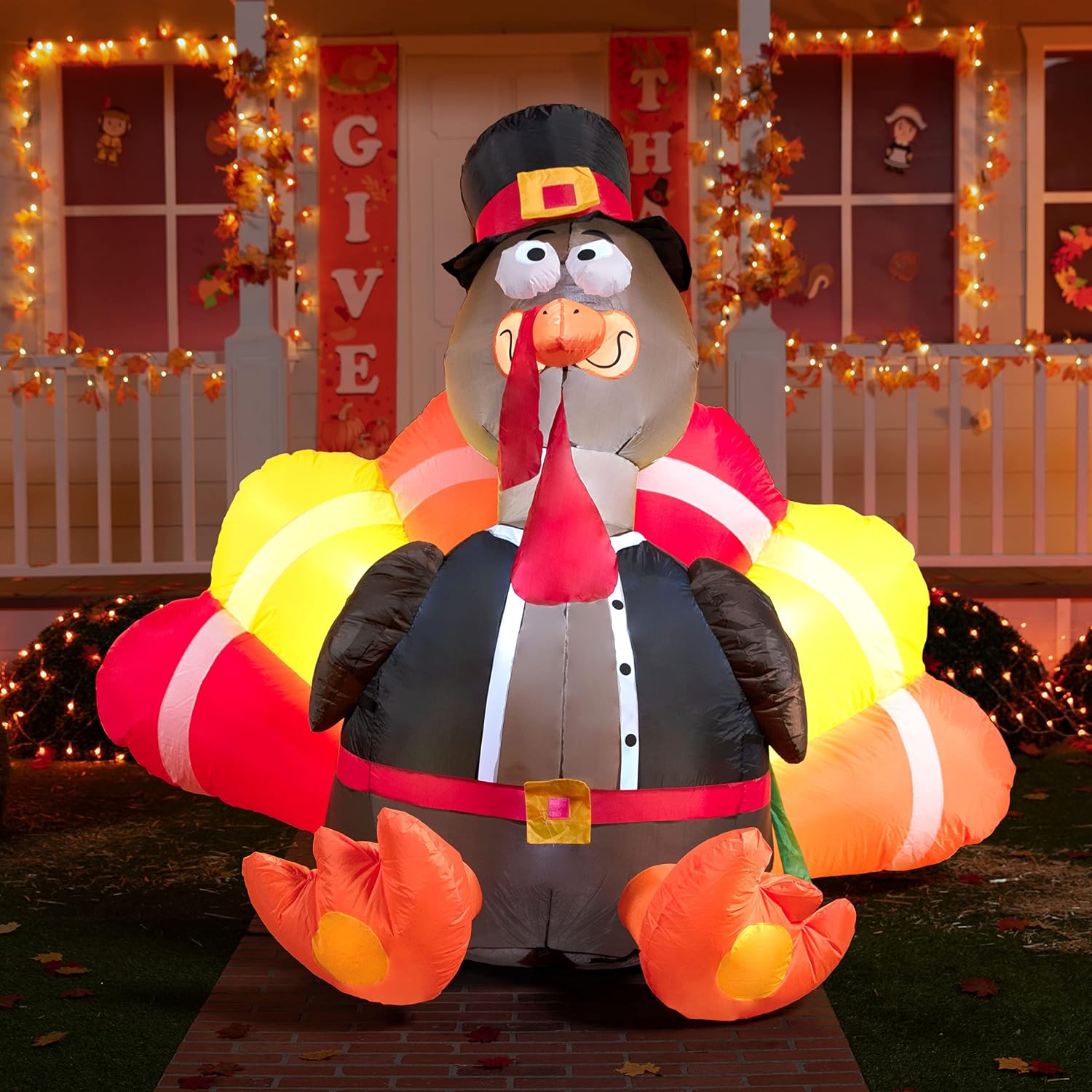 Joiedomi 6 Foot Thanksgiving Inflatable Turkey; LED Light Up Blow Up Turkey with Pilgrim Hat Perfect for Inflatable Thanksgiving Autumn Decorations