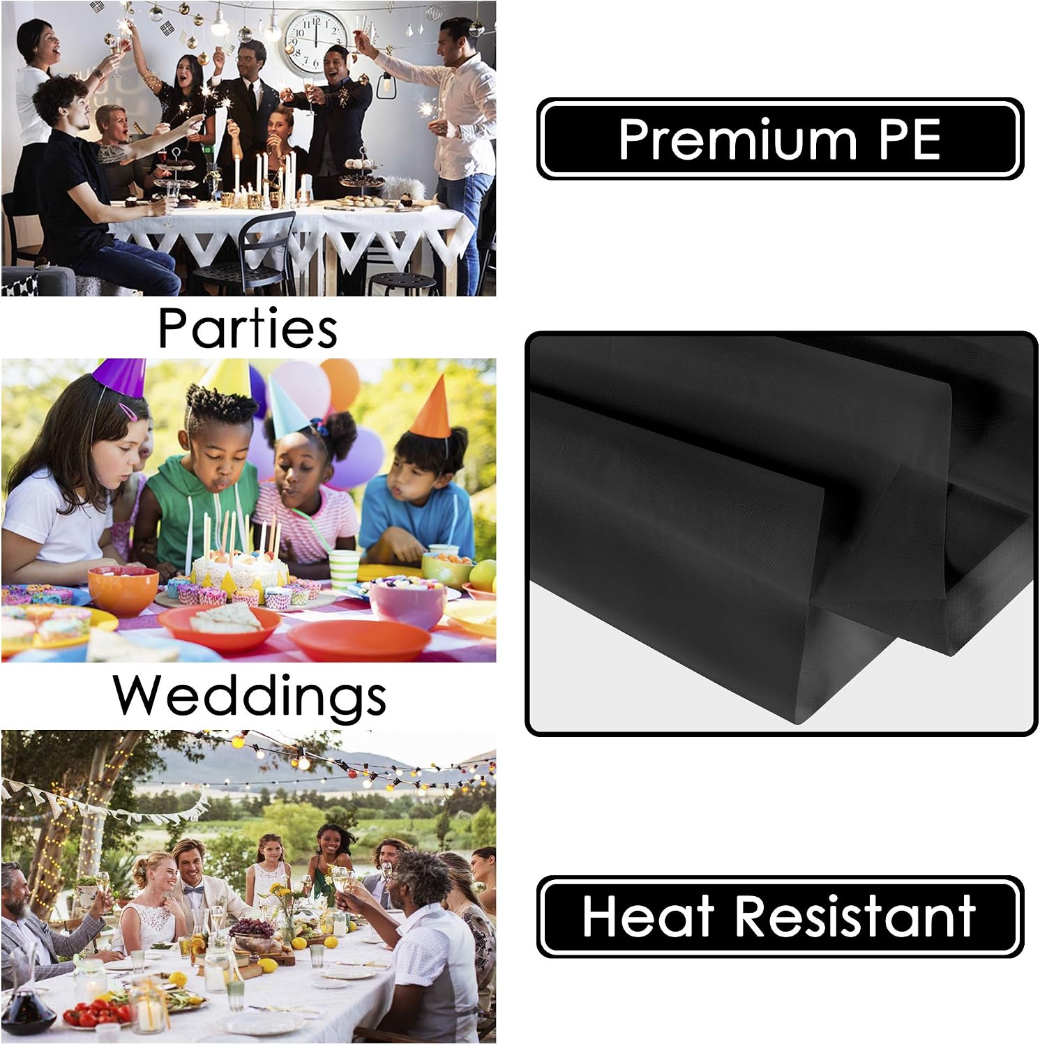 [10 Pack] Black Plastic Tablecloth 54 x 108 Inch - Rectangle Table Cloth, Reusable Cover / Disposable Tablecloths for Party Decoration, Birthday Supplies, Outdoor Picnic, Camping, Baby Shower, Wedding