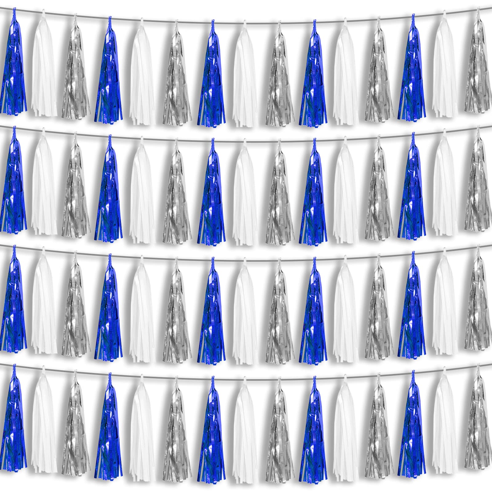 4P Marineblau-Weiß-Silber-Folie Fransen Metallic Quaste Girlande Banner, Quasten Banner Luftschlangen für Parade Floats, Bachelorette, Hochzeit, Geburtstag, Halloween, Braut/Baby Shower Party
