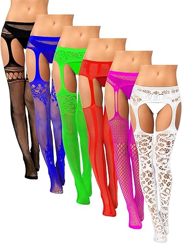 Skylety 6 Pairs Fishnet Stockings for Women Plus Size Thigh-high Tights Stockings Suspender Pantyhose Garter Belts - Medium-Large - Black, Blue, Green, Red, Rose Red, White