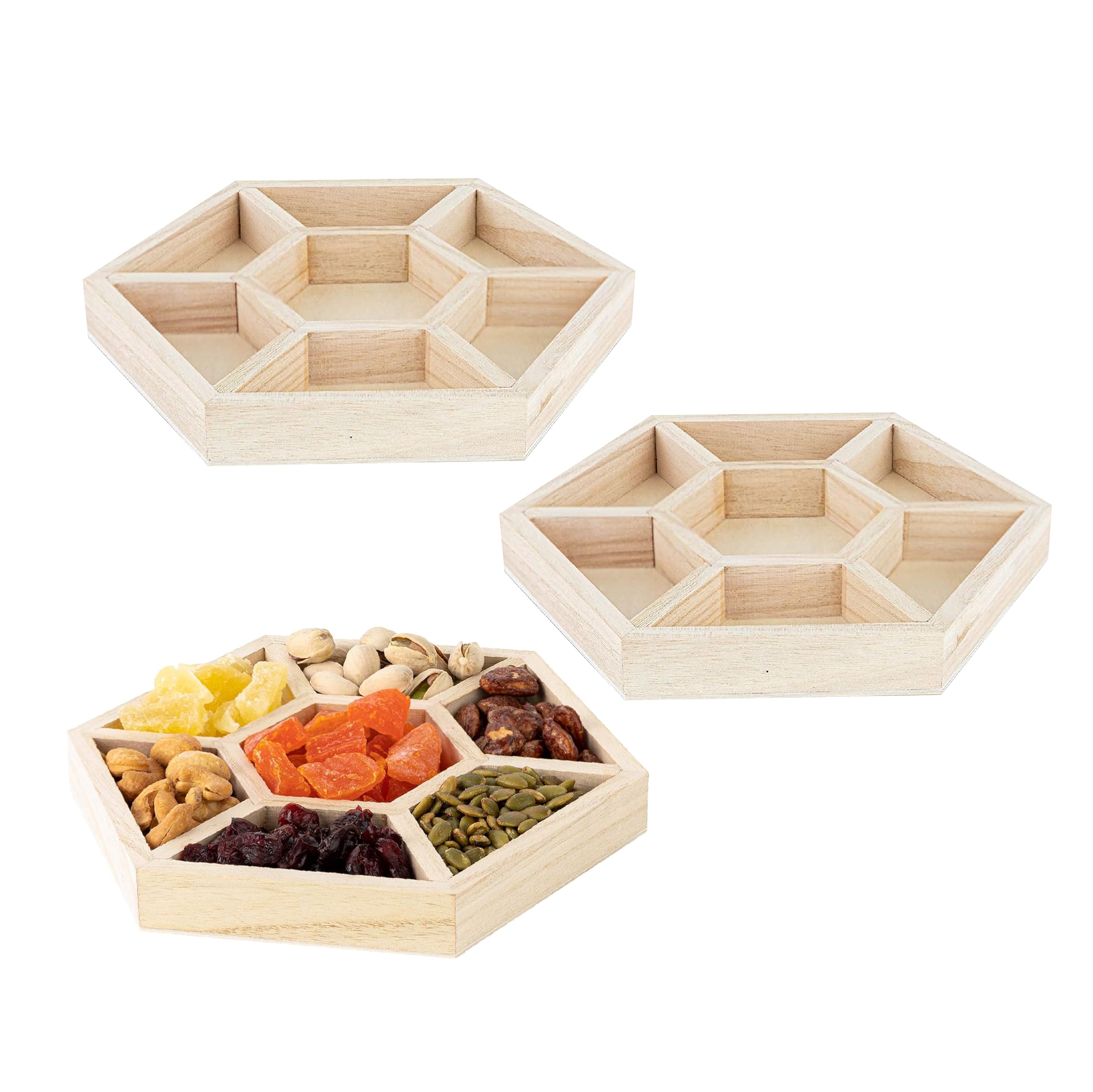 Hammont Hexagon Sectional Wooden Trays - 3 Pack - 8.5”x8.5”x1” - Eco Friendly Decorative Tray for Dry Fruits & Candies | Organic Wooden Tray for Gift & Home Décor