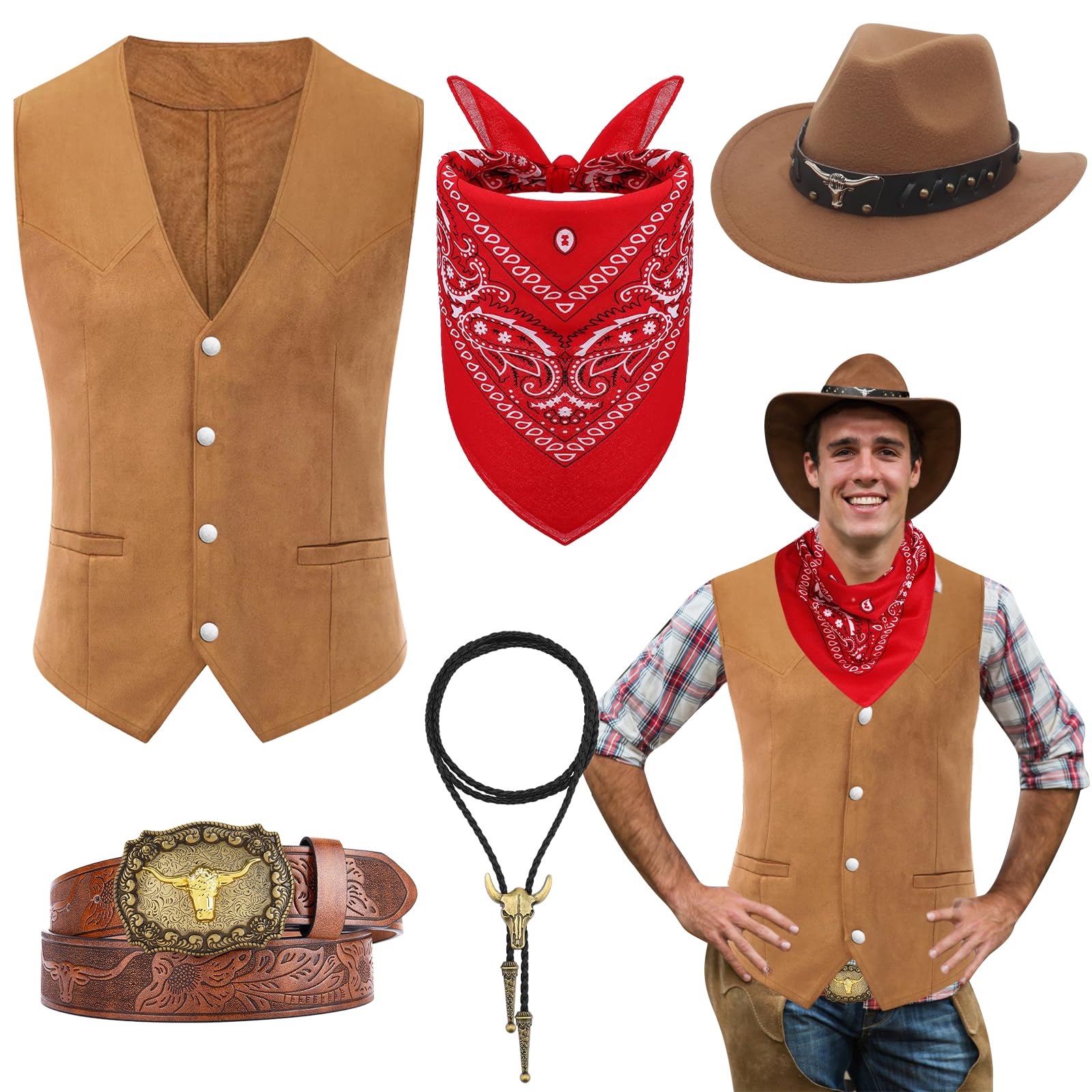 LumenVela Costume Cowboy Uomo – Set 6 Pezzi Con Cappello, Occhiali, Foulard E Cintura Per Carnevale