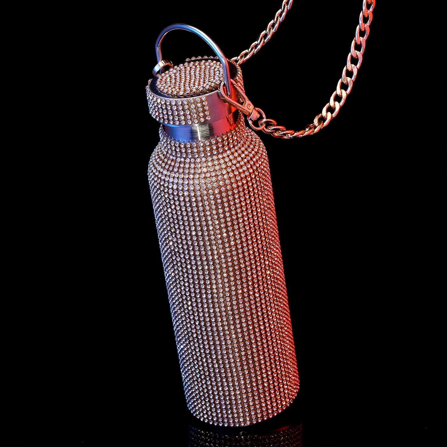 Geiserailie Diamond Water Bottle Bling Rhinestone Stainless Steel Thermal Bottle Refillable Insulated Glitter Water Jug with Chain for Women Girls Gifts(750 ml,Gold)