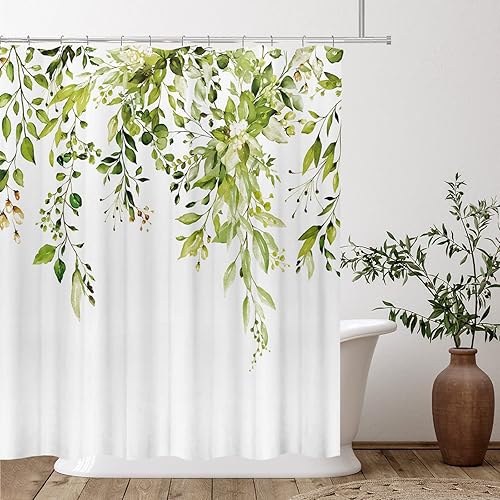 Miniatura 3 de Tititex Juego de cortinas de ducha de eucalipto verde hierba frágil, hojas de acuarela en la parte superior con decoración floral de baño, 72 x 72