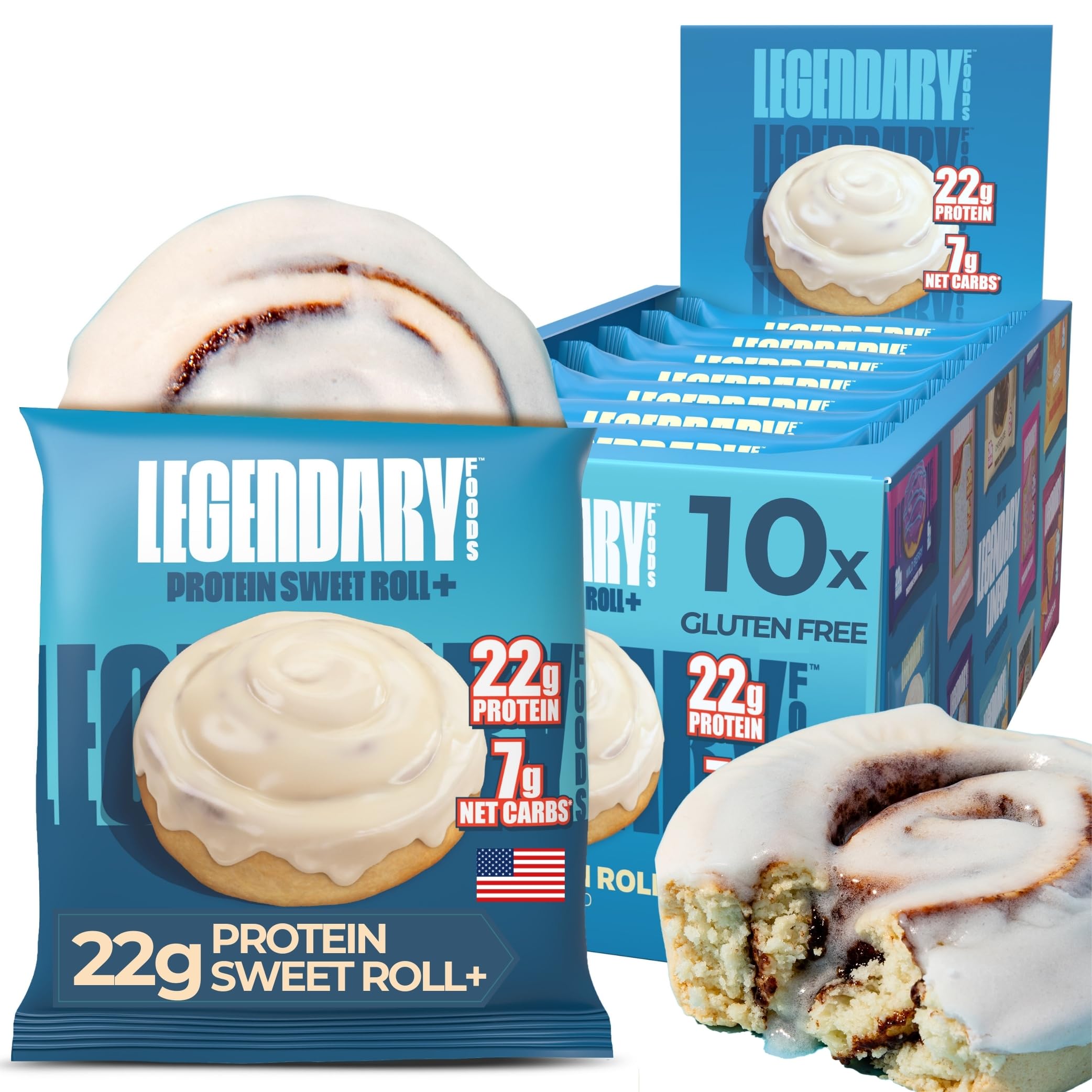 Legendary Foods 22g Protein Cinnamon Roll - Premium High Protien Bars, Low Carb Meal Replacement Snack, Low Glycemic Index, Gluten Free Snacks - Sweet Zero Sugar, Keto and Diabetic Friendly 10-Pa