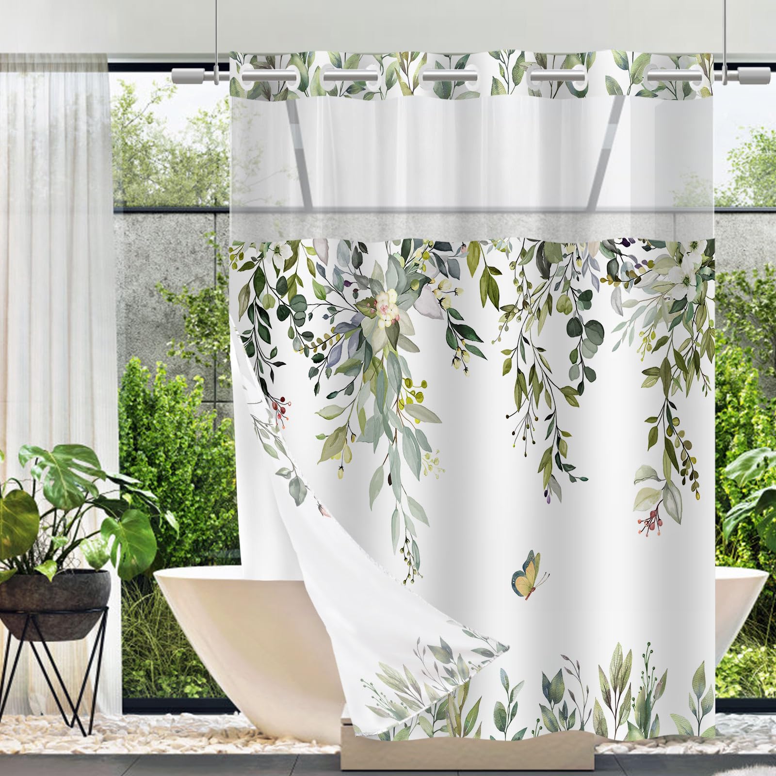 TWLSNCD No Hook Shower Curtain and Liner Set, Sage Green Eucalyptus Floral Shower Curtains for Bathroom, Bath Curtain Sets with Snap in Liner,