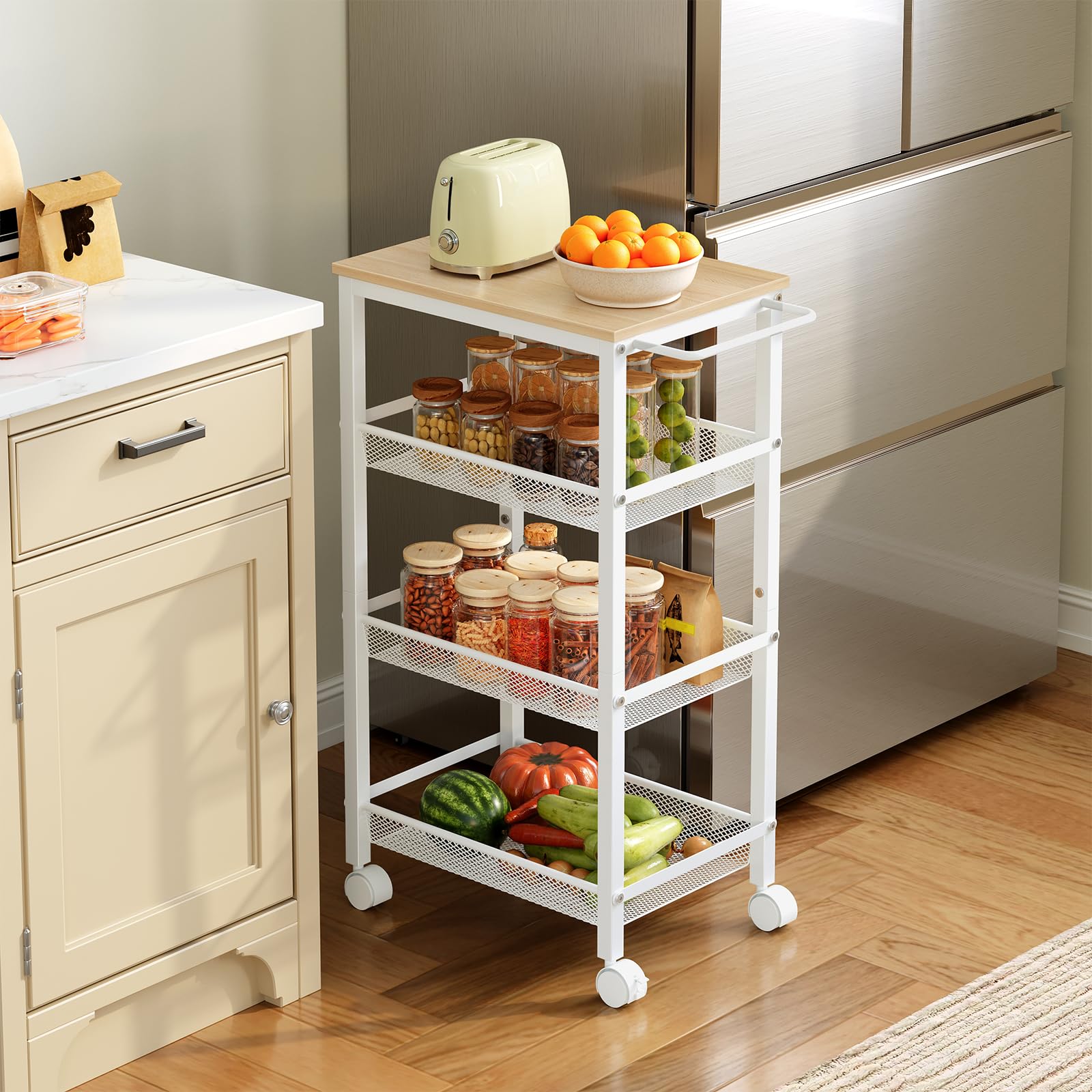 HOOBRO Chariot de Service à 4 Niveaux avec roulettes et Pieds Réglables, Chariot Mobile avec Barrières, Chariot de Cuisine, Chariot de Bar, pour Cuisine, Salon, Blanc et Couleur Bois EWN72TC01