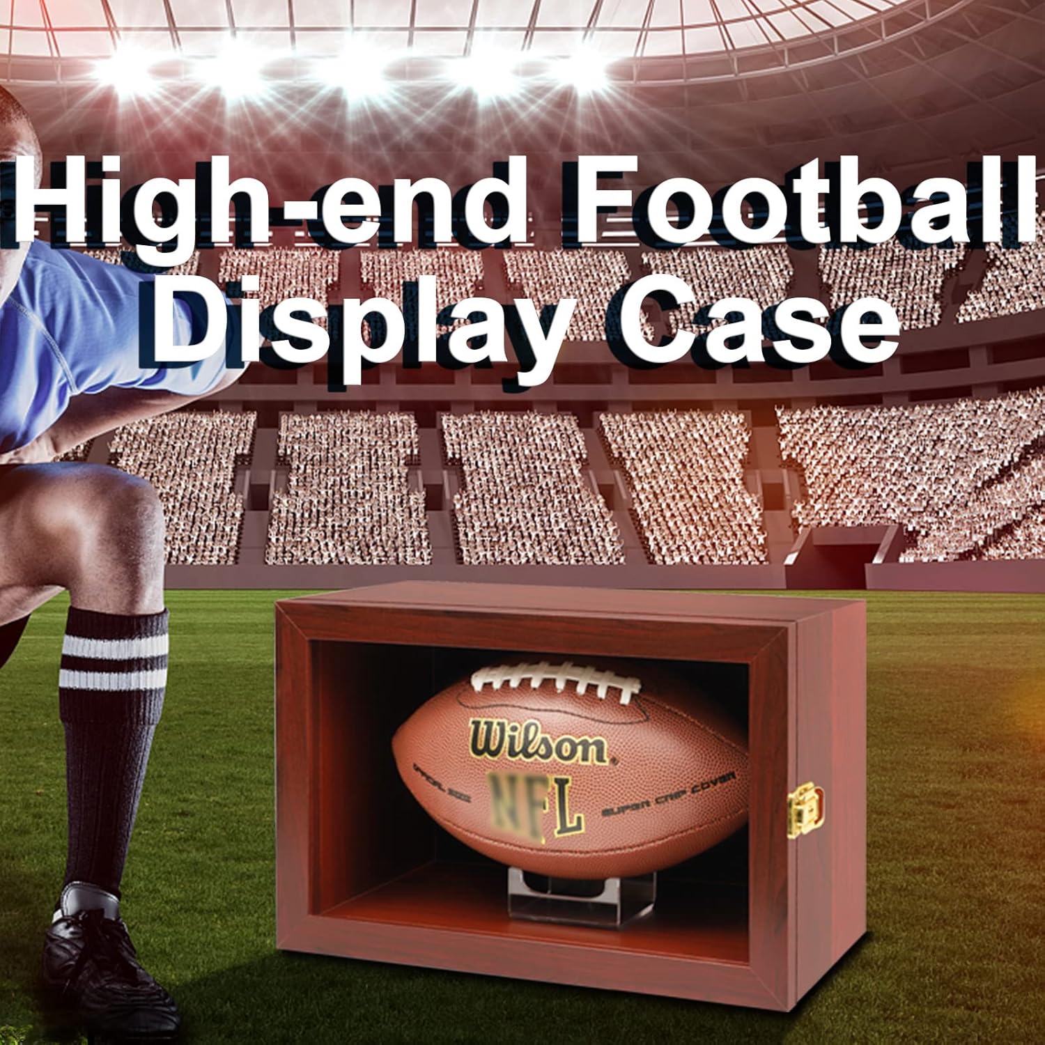 Football Display Case Wall Mount Lockable Clear View Full Size Anti Fade UV Protective Acrylic Door Wooden Signed Memorabilia Football Box Shelf Holder-Double Ball (Single Ball Cherry)