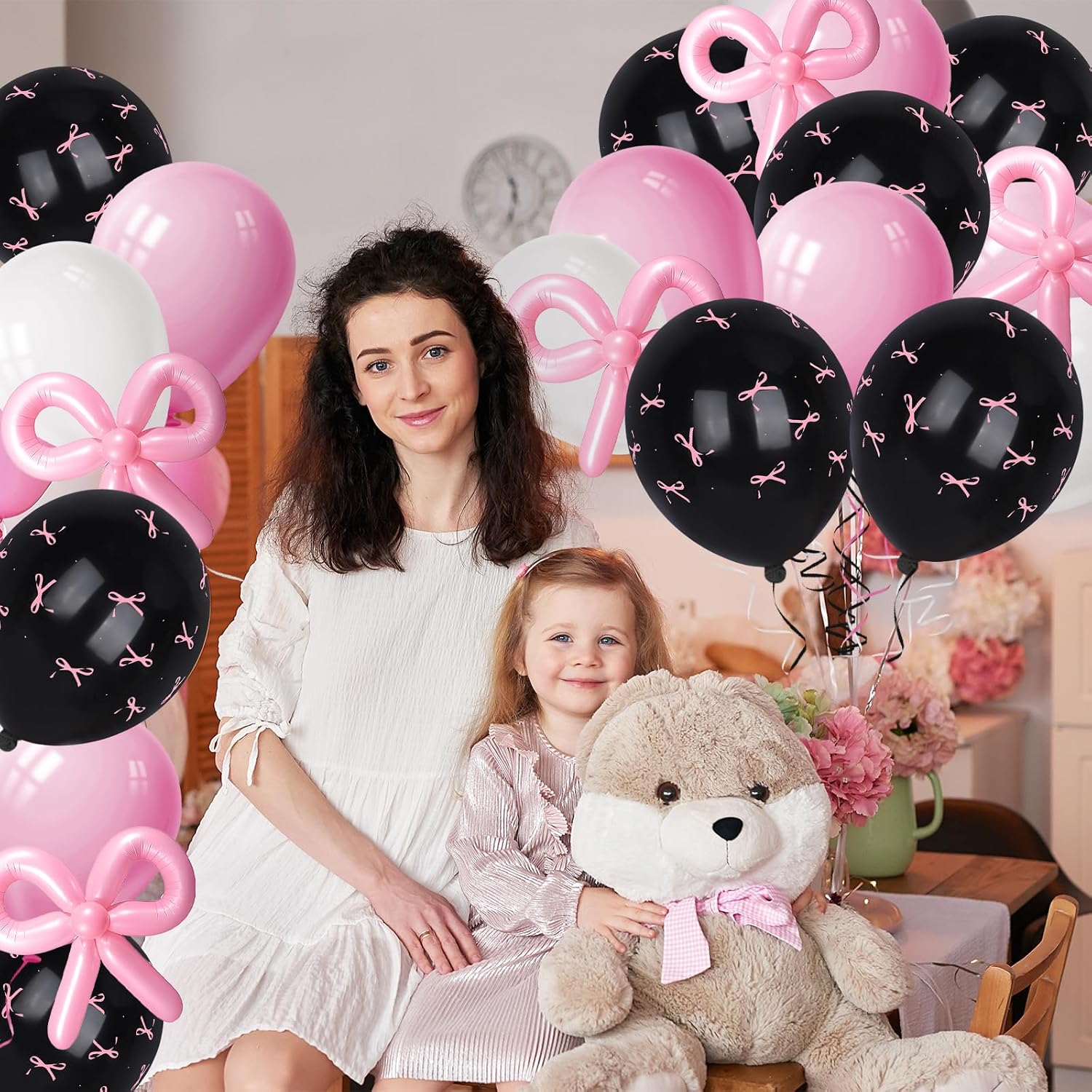 FYSUIMU Pink Bow Balloon Party Decorations Bow Coquette Latex Balloons 12 Inch Pink Black Bowknot Balloon with Ribbon for Wedding Birthday Baby Shower Engagement Bachelorette Party Supplies, 40 Pcs