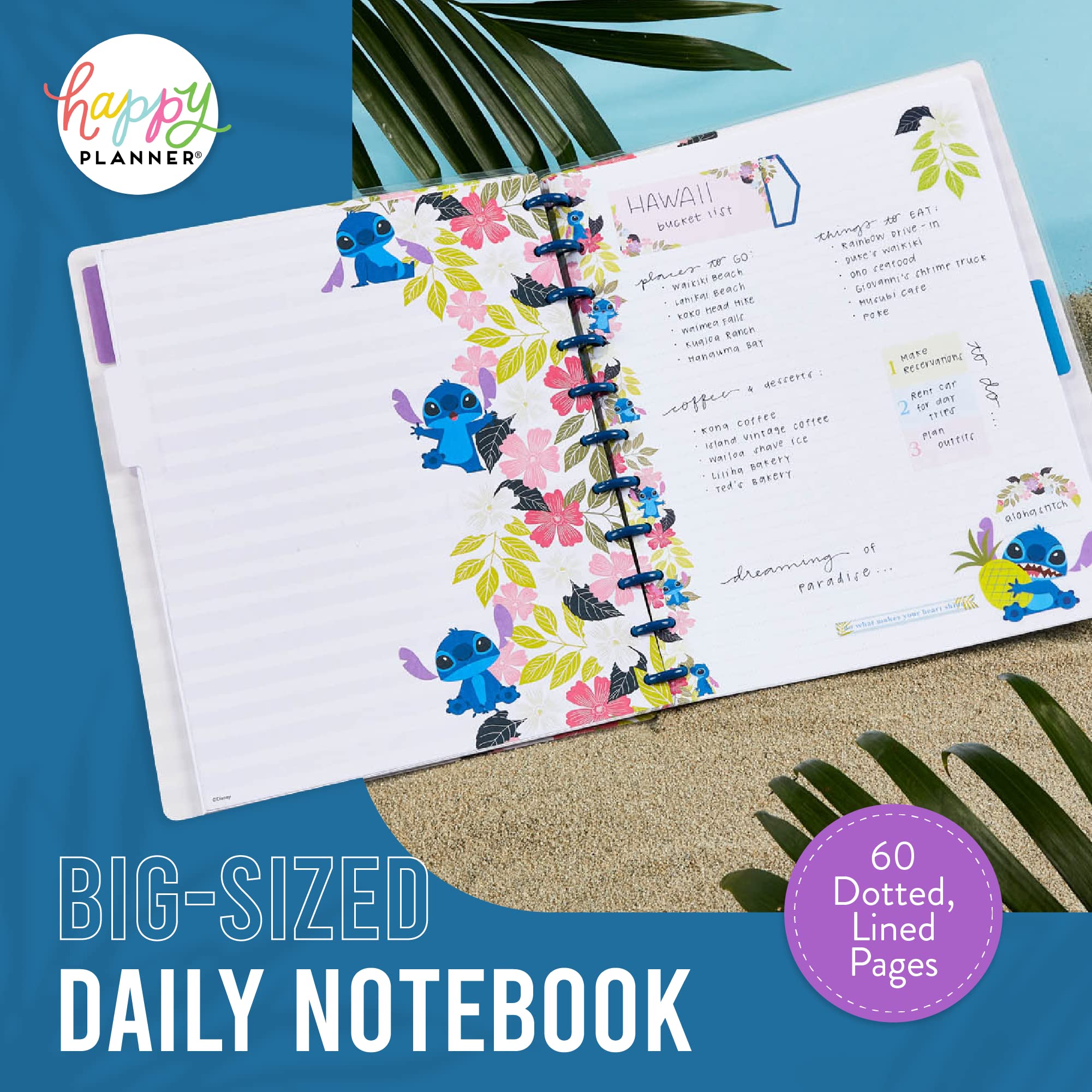 Happy Planner Disney - Taccuino giornaliero per ufficio, scuola o diario, 60 fogli di carta a righe a pois con 3 divisori - Quaderno a disco - Aloha Stitch - Taccuino di grandi dimensioni 28 x 21,6 cm