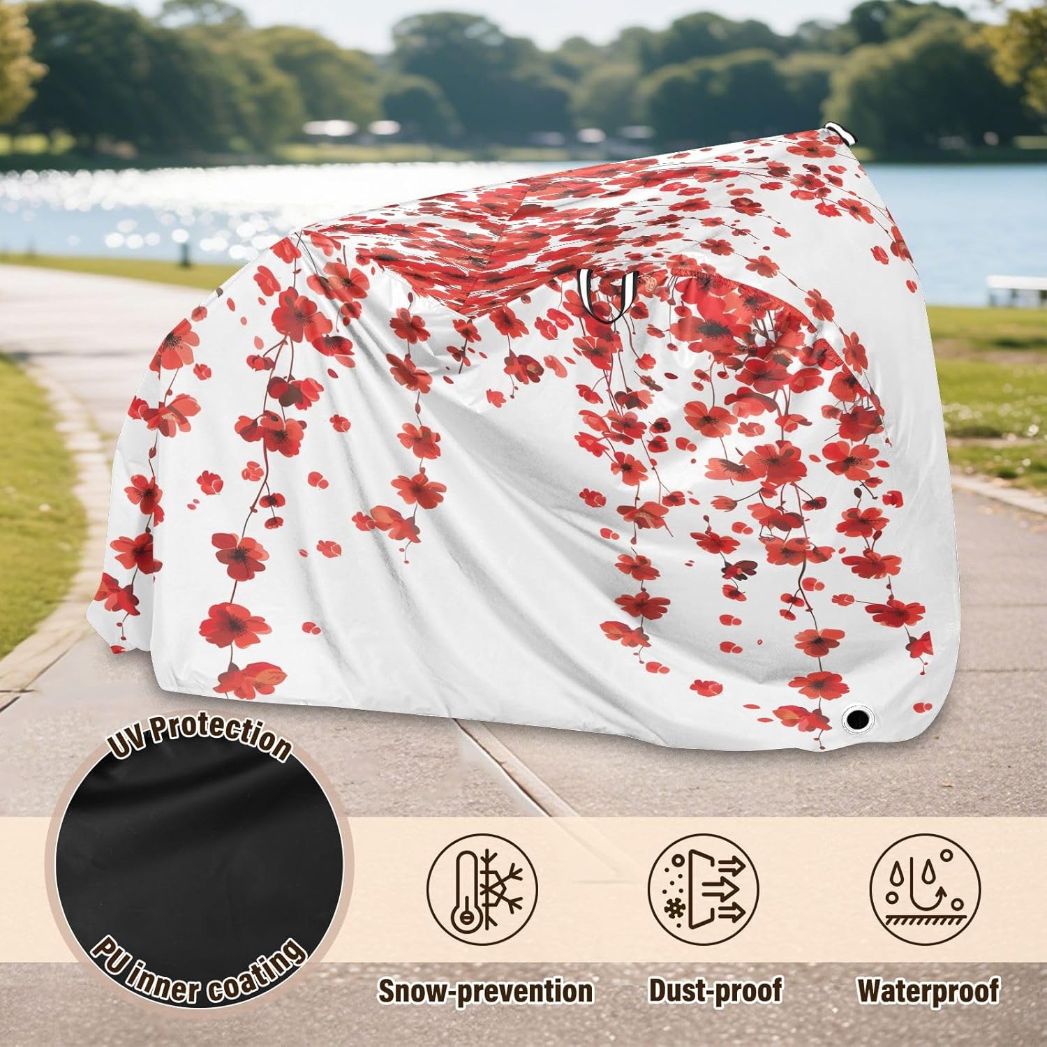 ALAZA Red Cherry Blossom Flowers Bike Cover Waterproof Outdoor Ebike Bicycle Covers Tarp Protection for 1/2 Bikes, Sun UV Dust Wind Proof
