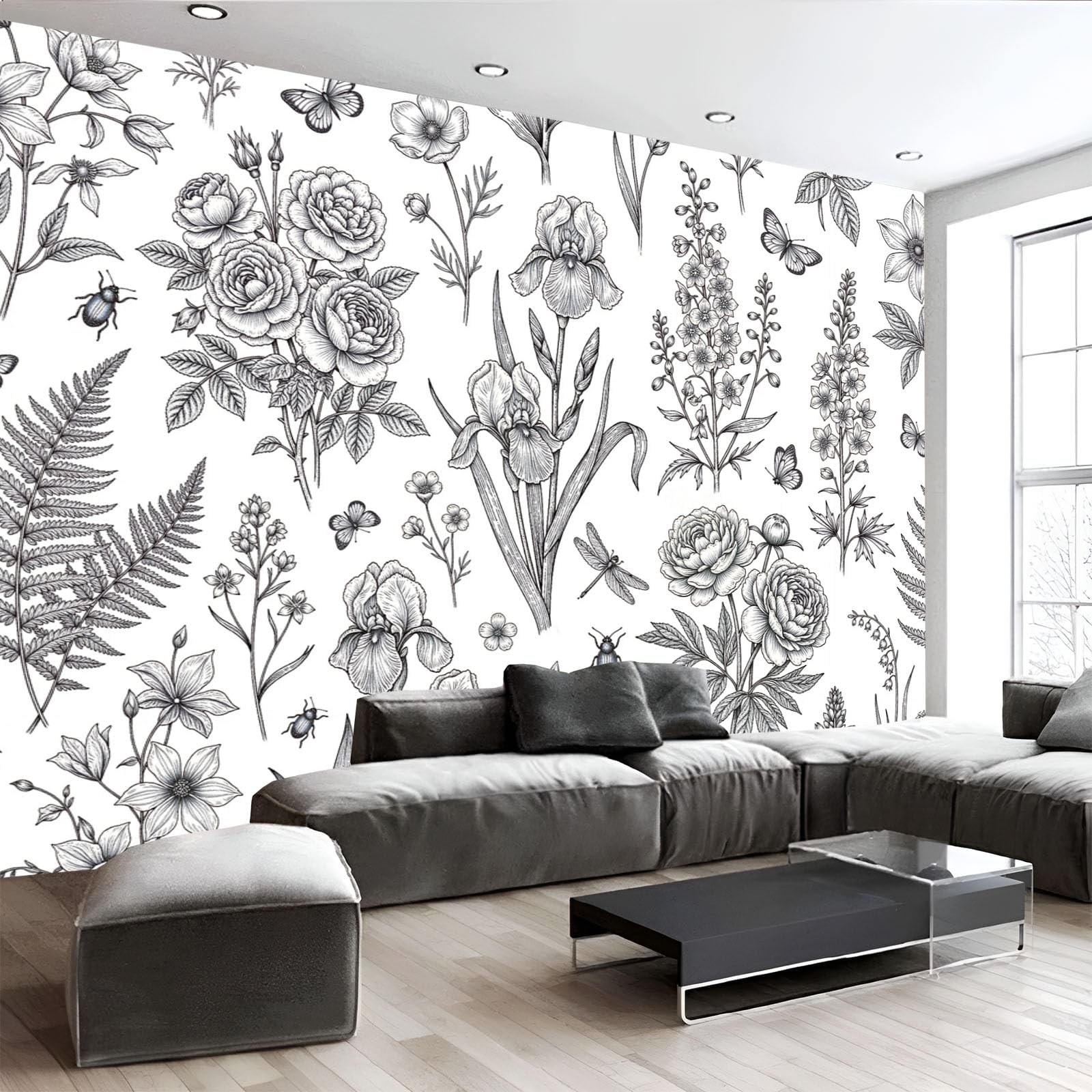 Photo muraux 450x315cm papier peint fleurs sauvages et insectes rétro