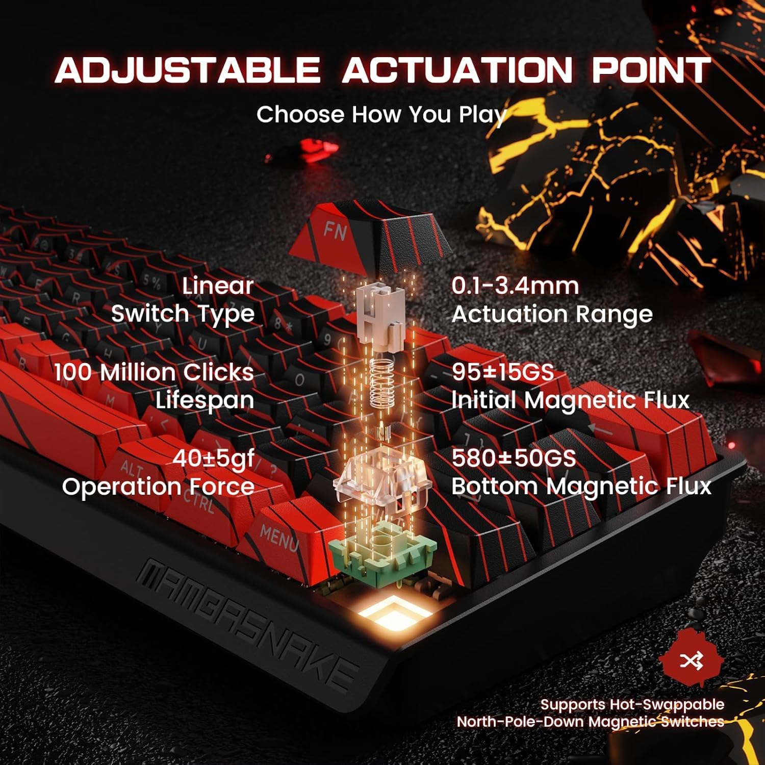 ATTACK SHARK MAMBASNAKE X60 HE Rapid Trigger Magnetic Switch 60% RGB Wireless Mechanical Gaming keyboard,2.4Ghz/BT/Wired,8KHZ Polling Rate,0.01mm Adjustable Actuation,Web Driver for Win/Mac(Black Red)