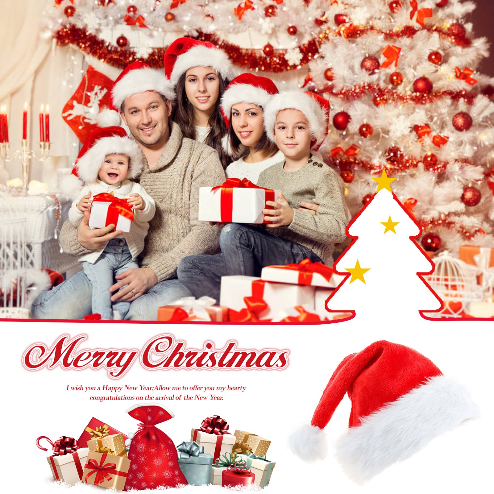 6 Packungen Weihnachtsmützen, Weihnachtsmannmützen für Erwachsene, Plüsch-Weihnachtsmützen für Neujahrsferien, Unisex, Erwachsenengröße