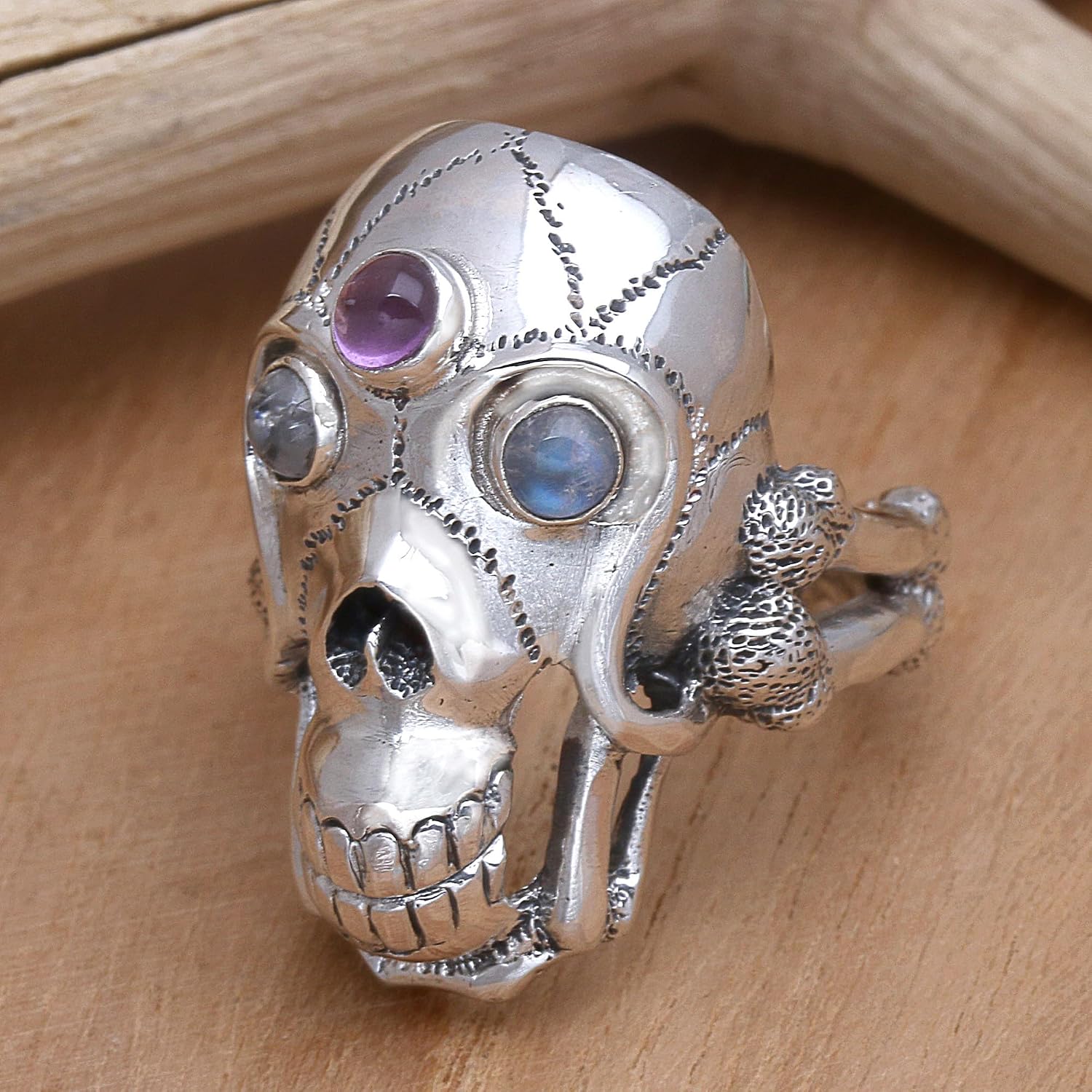 NOVICA Artisan Handmade Men's Rainbow Moonstone Amethyst Ring Indonesian Silver Skull Sterling Clear Purple Multi Birthstone Halloween Day of The Dead 'Immortal'