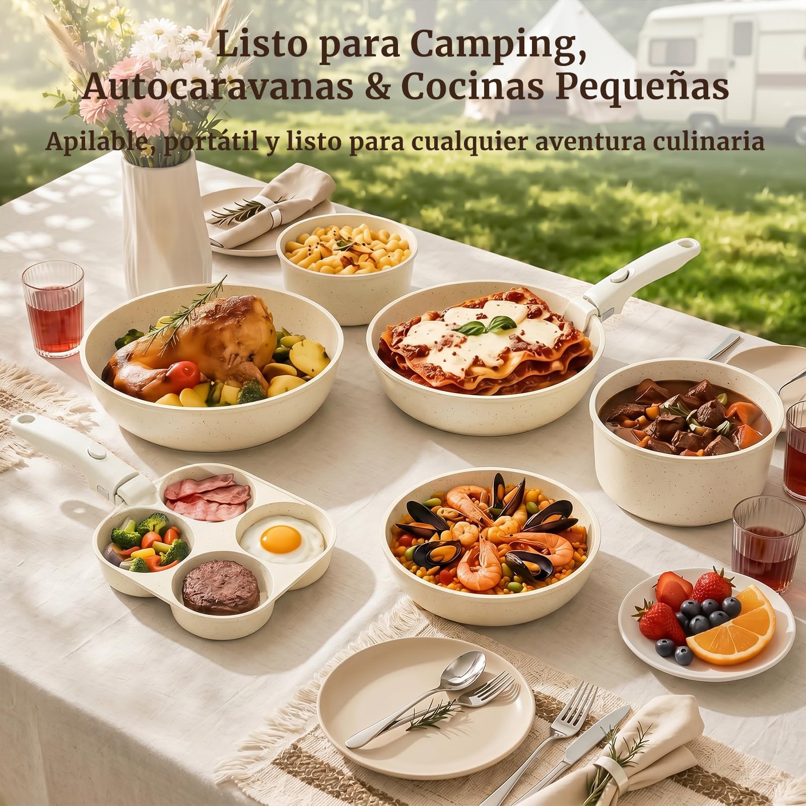 YASHE Batería de cocina 20 piezas, inducción, atóxica, sin PTFE ni PFAS | No Tóxico Batería de Cocina, Ollas Apilables para Inducción, Juego Ahorrador de Espacio para Caravana, Sin PFOA/PFOS