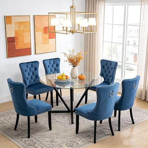 Miniatura 17 de Juego de mesa de comedor de cristal negro de lujo moderno de 45 pulgadas para 6, 7 piezas redondas de vidrio templado para cocina y comedor con Mesa