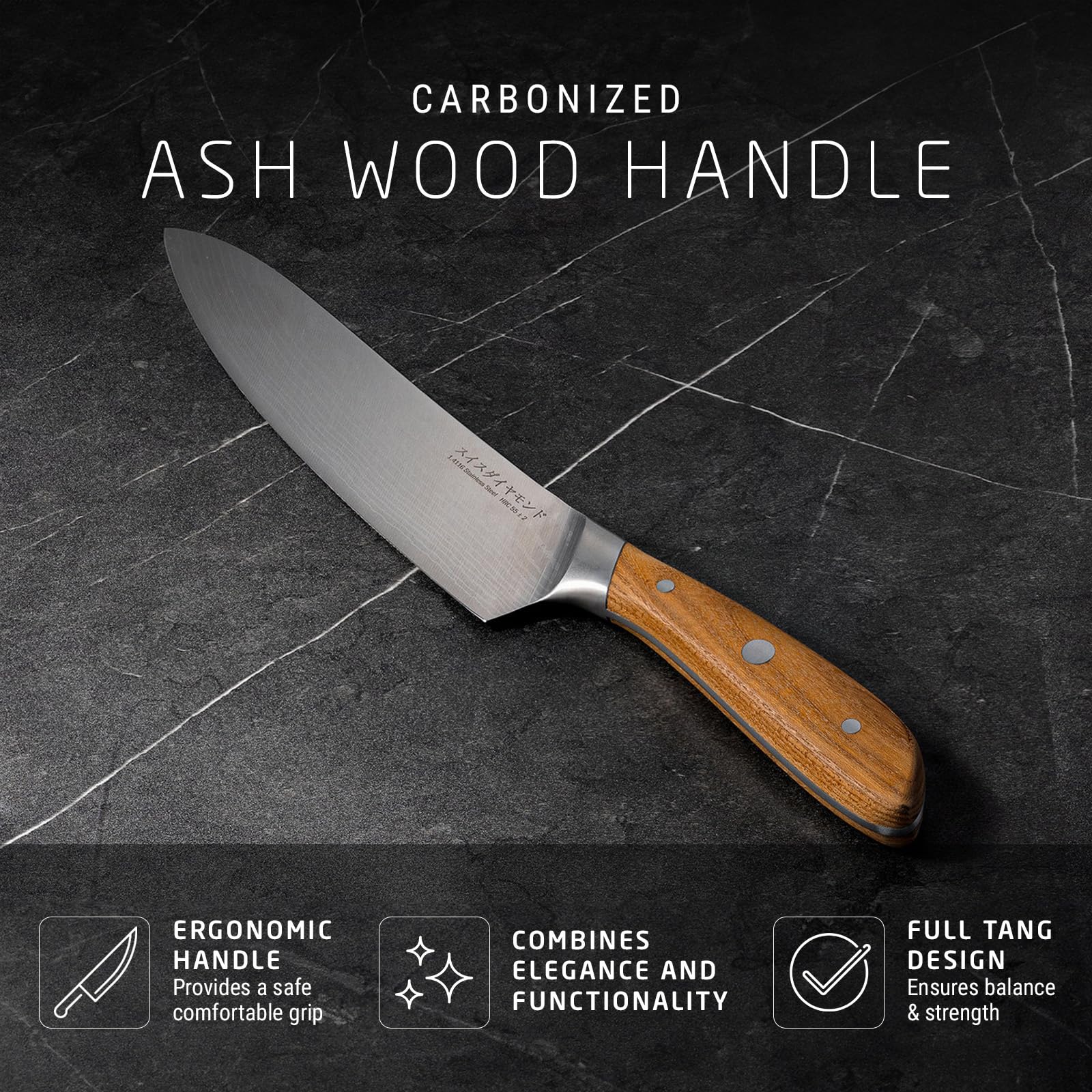 Swiss Diamond Chef Knife, German Steel with Carbonized Ash Wood, Full Tang Handle, Damascus Blade Chef Knives Professional Grade, 55+2 Rockwell Hardness, 8 Inch — Amazon image 3