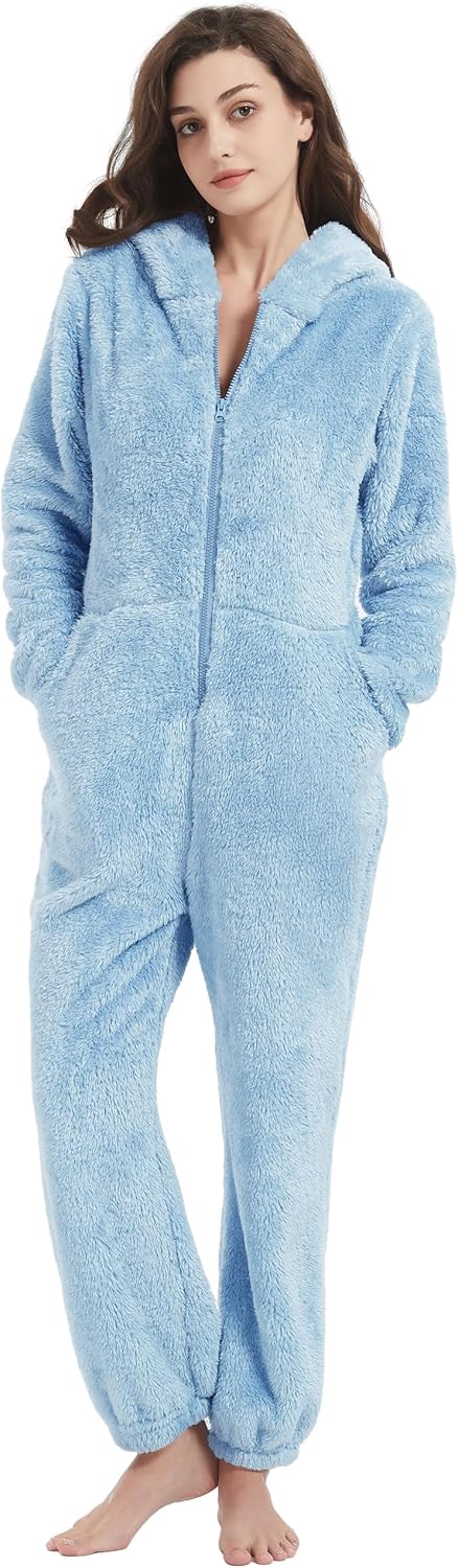 Flygo Womens Onesies Pajamas One Piece Hooded Adult Pajama Jumpsuit Winter Fuzzy Sleepwear