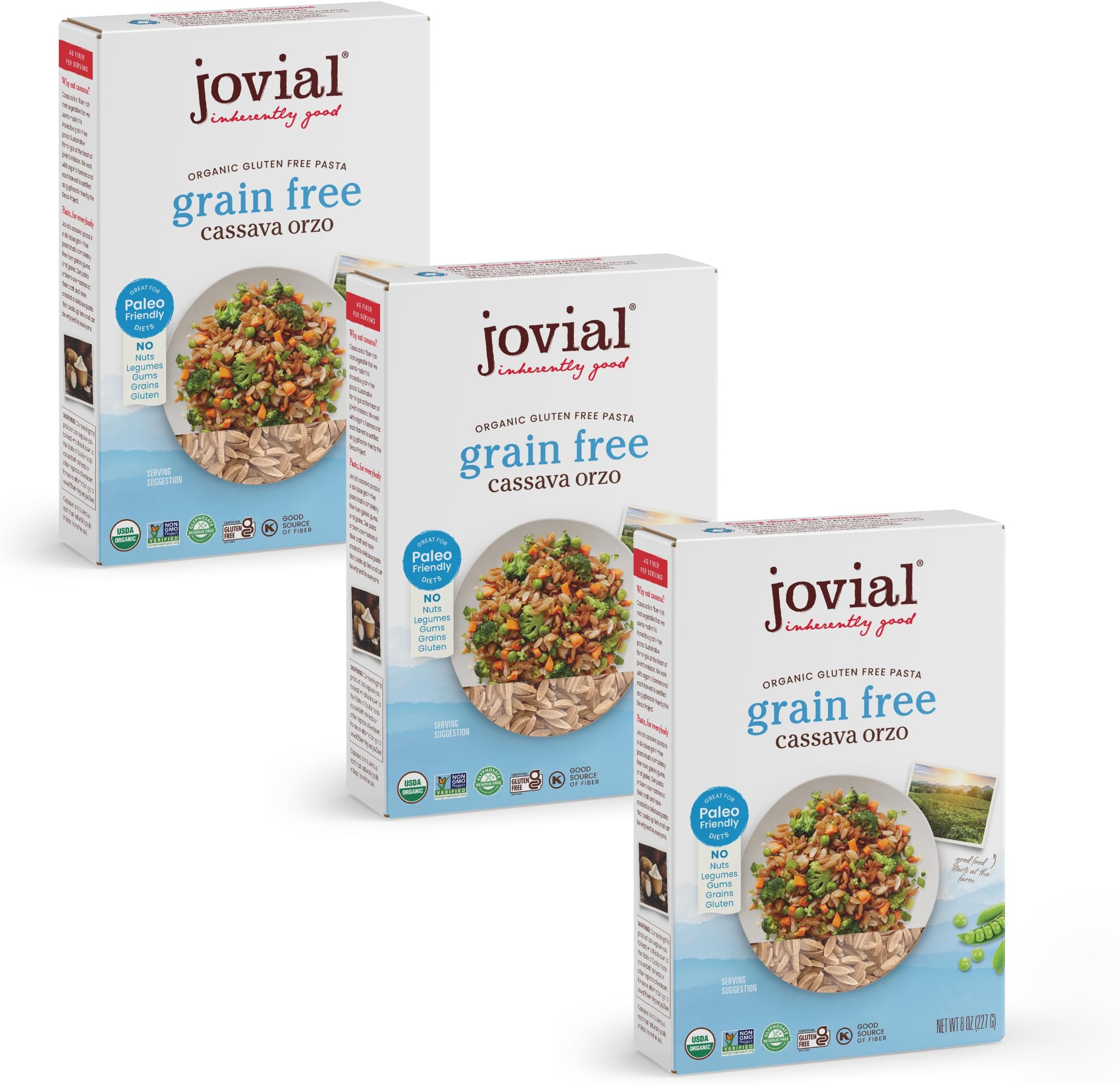 Jovial Grain-Free Cassava Orzo - Gluten Free Orzo Pasta, Cassava Pasta, Paleo Pasta, Grain-Free, 100% Organic Pasta, USDA Certified Organic, Non-GMO, High-Fiber - 8 Oz, 3 Pack