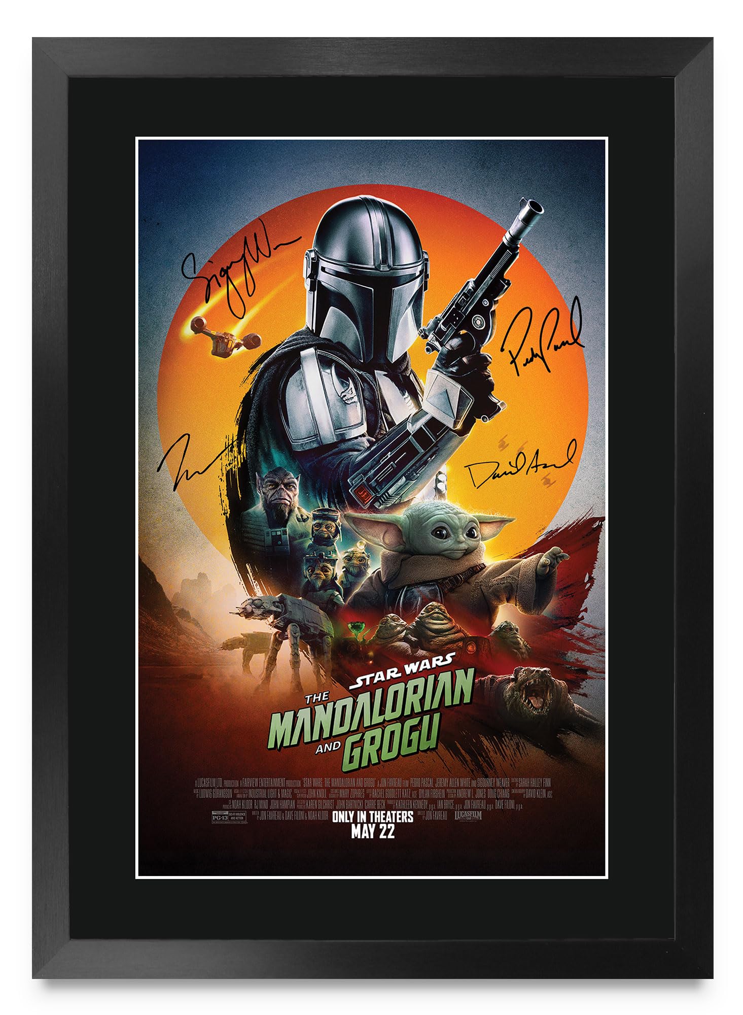 HWC Trading and Grogu Pedro Pascal Geschenke Geduckter Poster Signiertes Autogramm Foto für Fans von Film Memorabilien - A3 Gerahmt (ID-009324)