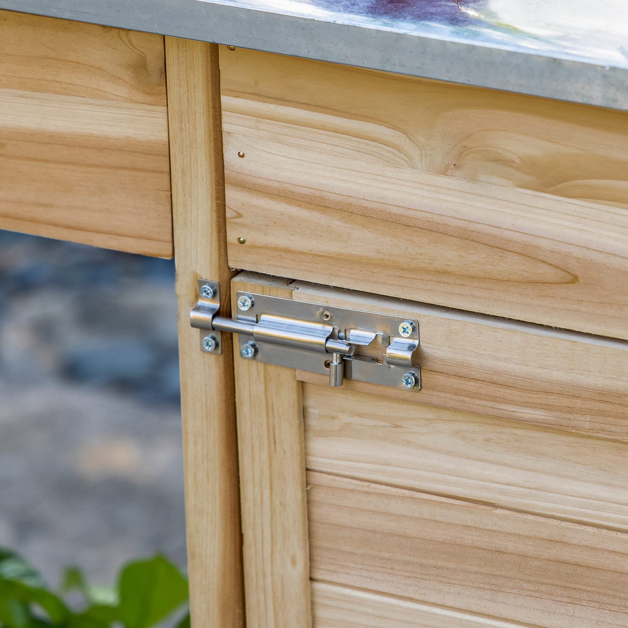 Outsunny Mesa de plantación con encimera galvanizada Mesa de jardinería con cajonera Mesa de Trabajo de jardín Madera Maciza Natural 112 x 48 x 125 cm | Mesa de jardín con cajón, armario, mesa de trabajo de jardín, madera maciza