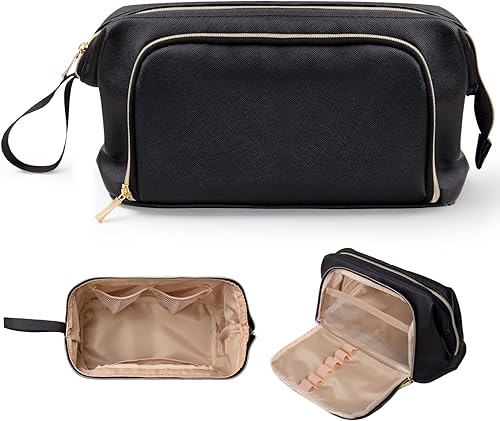QFDS Bolsa de maquillaje de viaje, bolsa de maquillaje grande y abierta, bolsa de cosméticos espaciosa de cuero, bolsa organizadora de maquillaje