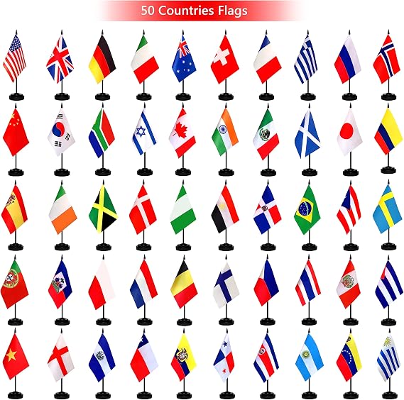 TSMD 50 Countries International World Desk Flags Set Small Mini Office Table Stick Flag with Stand Base,5x8 Inch