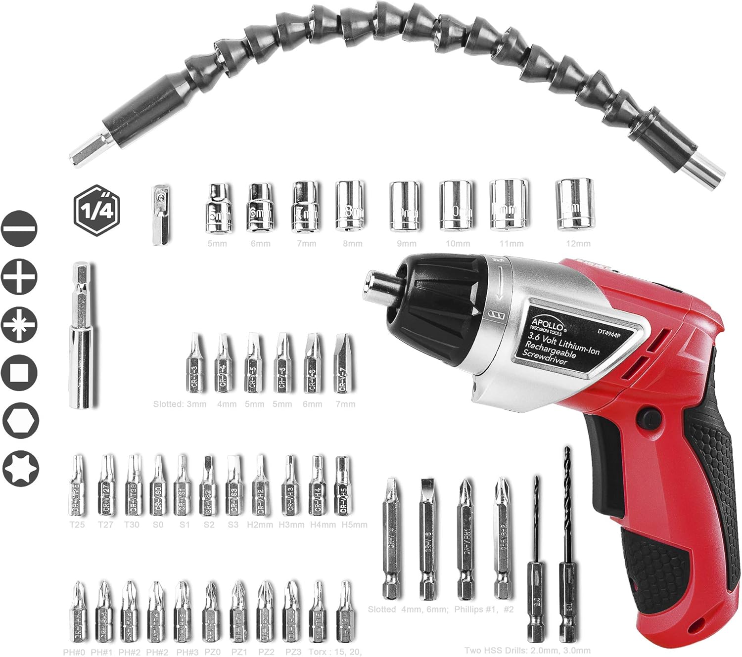 Apollo Tools Lightweight Cordless Screwdriver Set Includes Rechargeable 3.6 Volt Li-ion Screwdriver and 45 Piece Accessory Set in Black Carrying Case - Red - DT4944