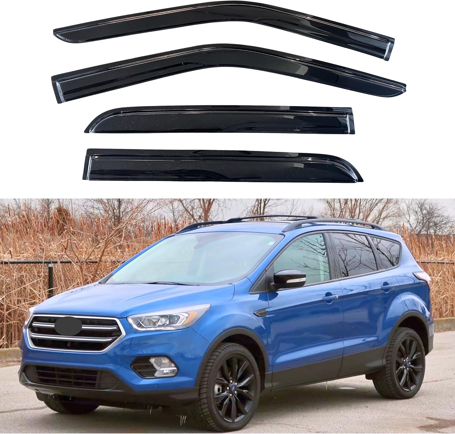 KPY Window Visor Compatible with Ford Escape 2013-2019, 4PC Rain Guard Side Window Vent Deflectors Tape-On Mugen Style, 2013 2014 2015 2016 2017 2018 2019 13-19 Escape