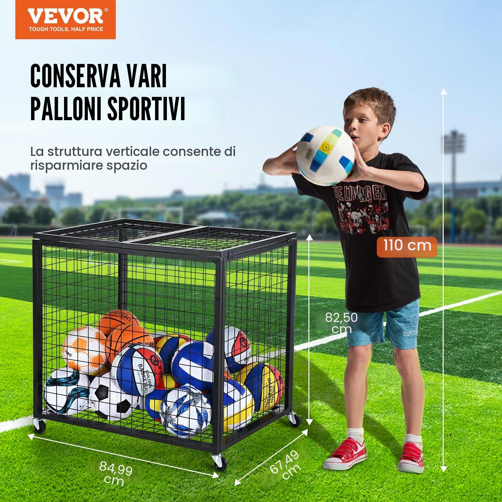 VEVOR Carrello Portaoggetti per Palline Sportive, Gabbia da Basket con Chiusura a Chiave con Doppi Coperchi, Organizzatore Porta Attrezzi Sportivi per Interni ed Esterni, Rastrelliera in Acciaio