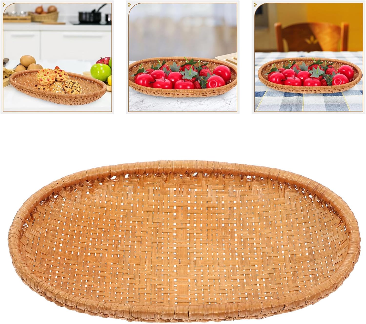 CALLARON Hand-woven Bread Basket 27x18x4cm Woven Kitchen Storage Tray Fruit Serving Basket for Home and Picnic Use