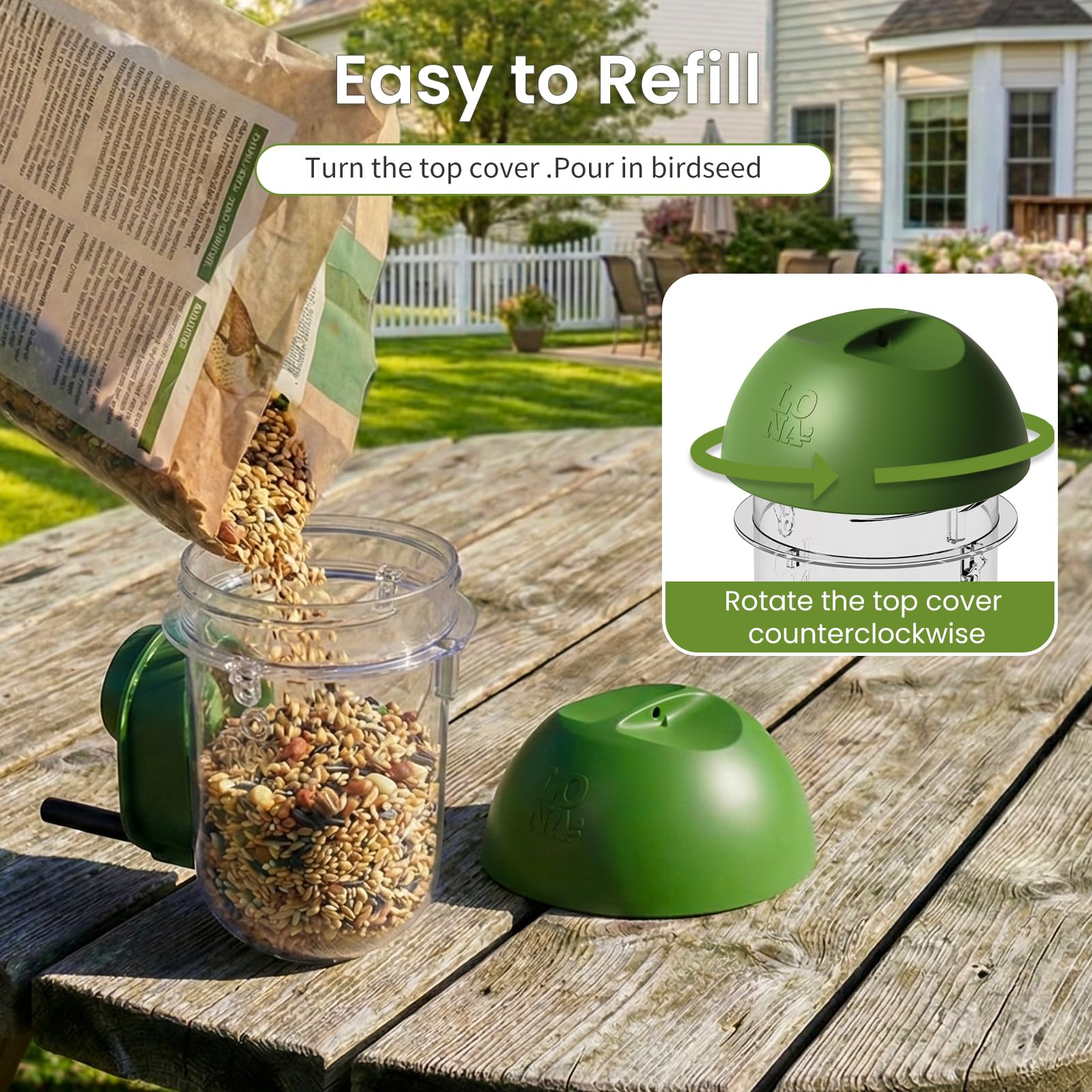 LONA - Comederos para pájaros para exteriores, paquete de 2, alimentador de pájaros a prueba de ardillas con múltiples métodos de colgar, silo de alimentación de pájaros silvestres para exteriores, 1