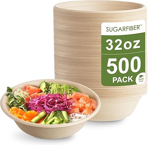 Harvest - Tazones de papel redondos de 32 onzas sin PFAS de fibra de azúcar, compostables, resistentes, ecológicos, desechables, con fibras