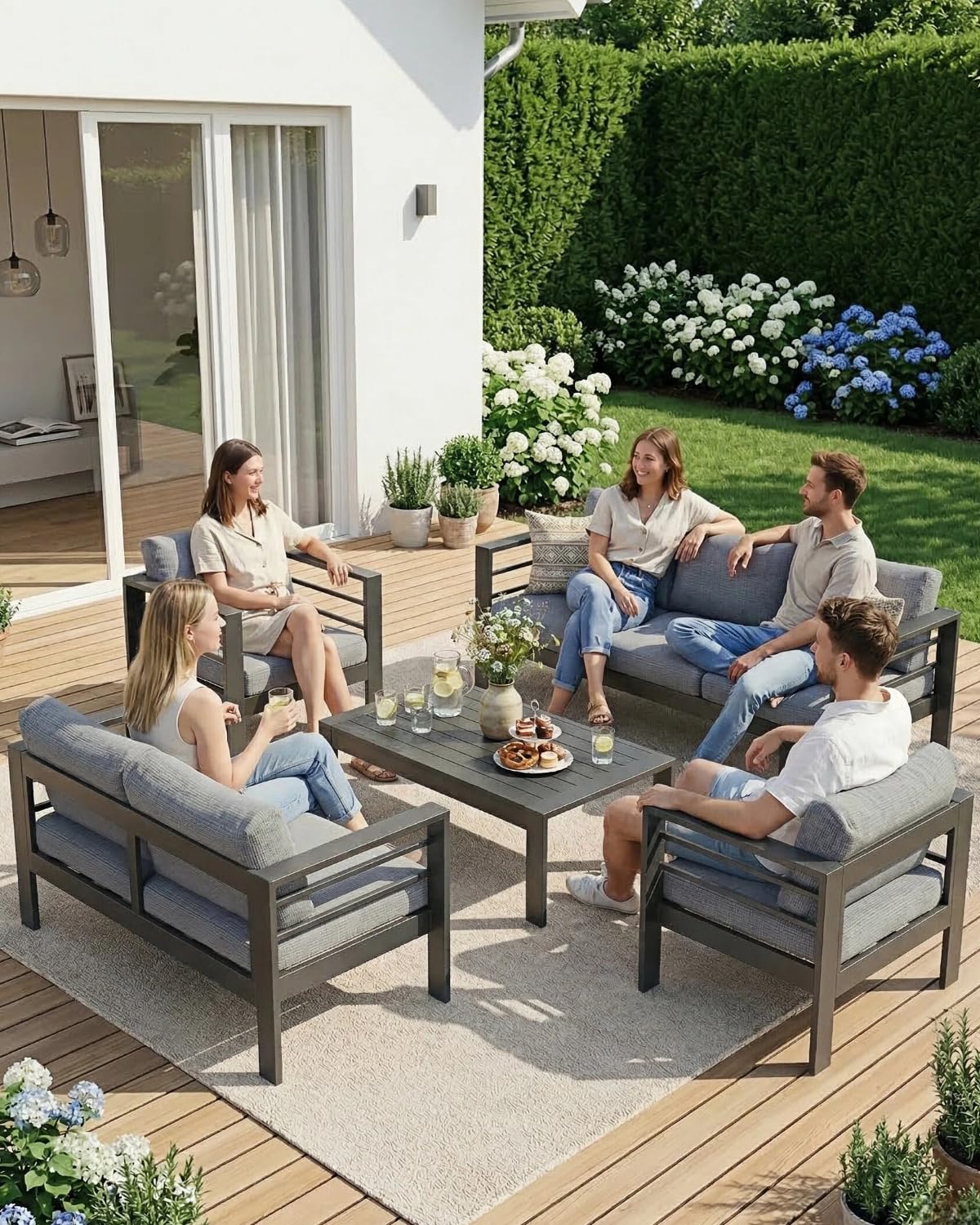 Atenza Aluminium Gartenmöbel Set Lounge Sitzgruppe 6-7 Personen | 5-teilige Outdoor Gartengarnitur mit WPC-Couchtisch, 12cm dicken Kissen & waschbaren Kissenbezügen für Terrasse & Balkon