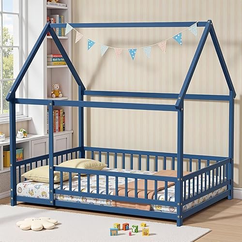 Miniatura 8 de LLS Marco de cama Montessori gemelar, cama de casa de madera con cerca y techo, cama de piso para dormitorio de niños y niñas, natural