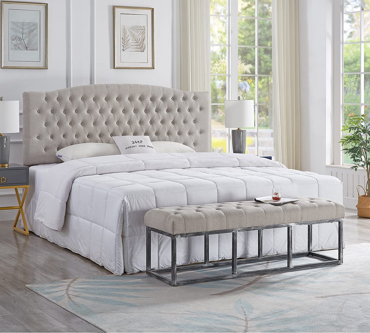 24KF Linen Upholstered Tufted Button King Headboard and Comfortable