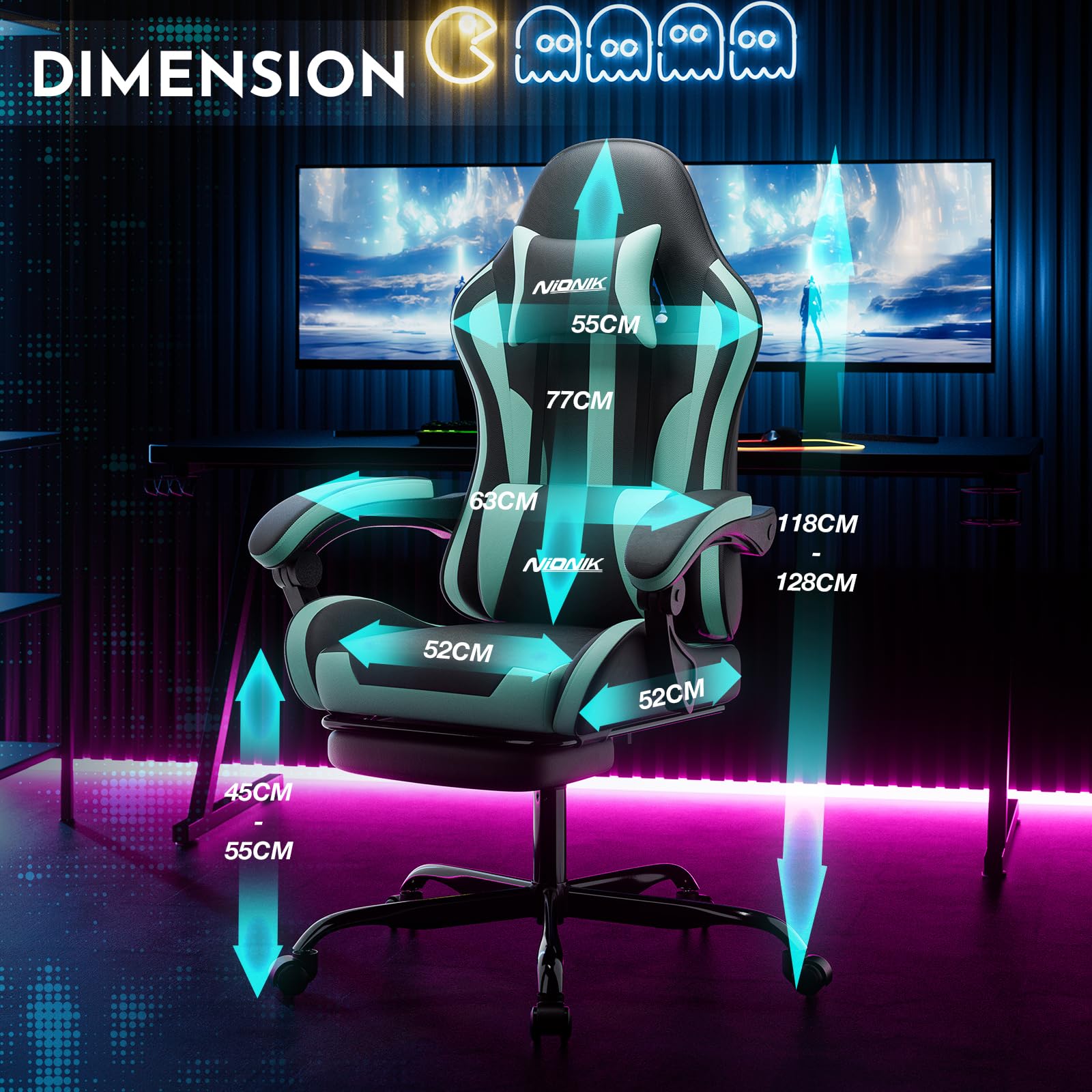 Bürostuhl Gaming Stuhl, Gamer Stuhls Computerstuhl mit Fußstütze, Gepolstert Gaming Chair,Gaming Sessel für Erwachsene, Drehsessel Schwarzes Minzgrün