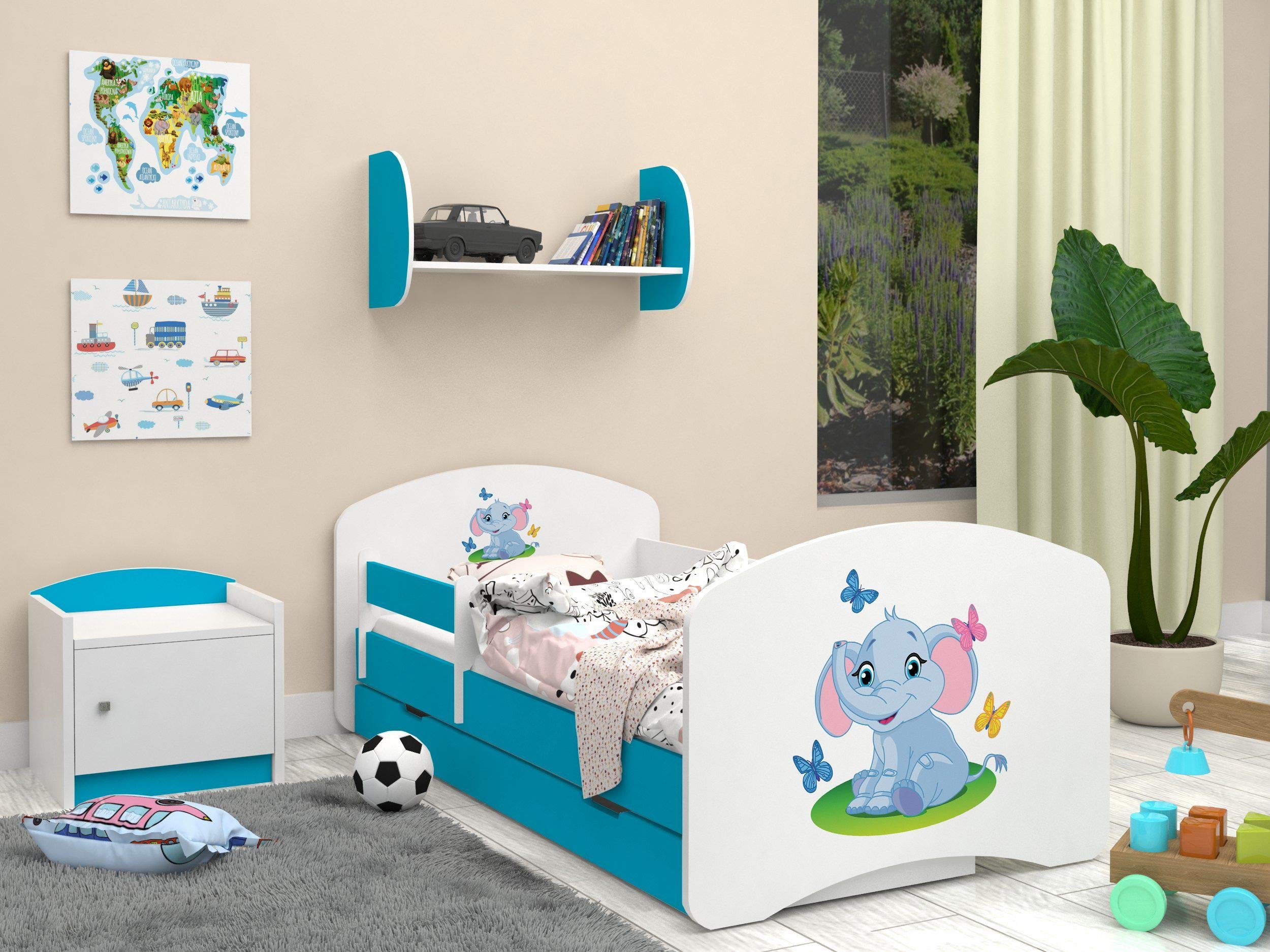 HappyBabies - Dwustronne łóżko dziecięce z szufladą, nowoczesne wzornictwo, z bezpiecznymi krawędziami i zabezpieczeniem przed upadkiem, materac piankowy 7 cm, niebieski (słoń, 180 x 90 cm)
