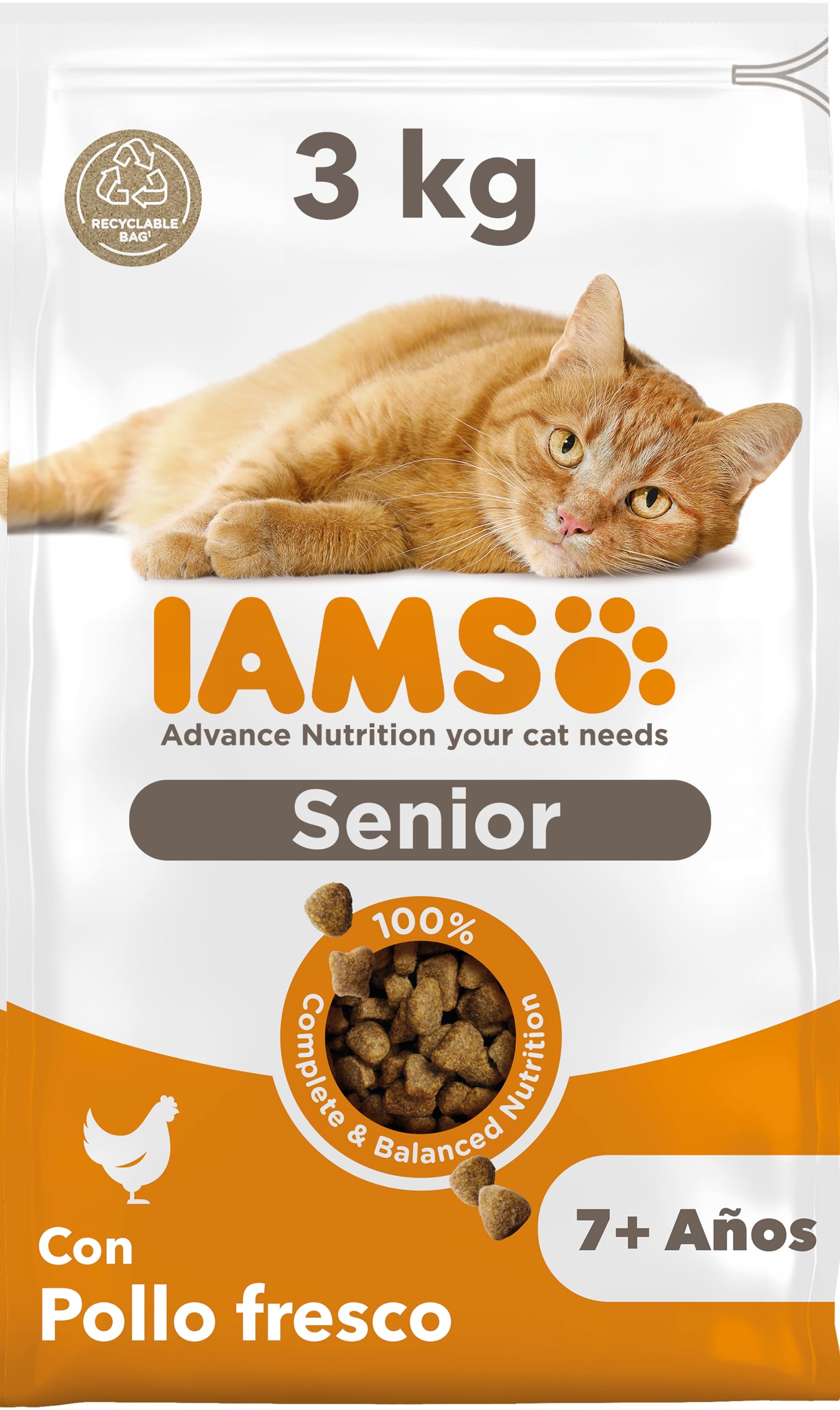IAMS Alimento seco para gatos de edad avanzada con pollo fresco, comida seca para gatos senior de más de 7 año, 3 kg