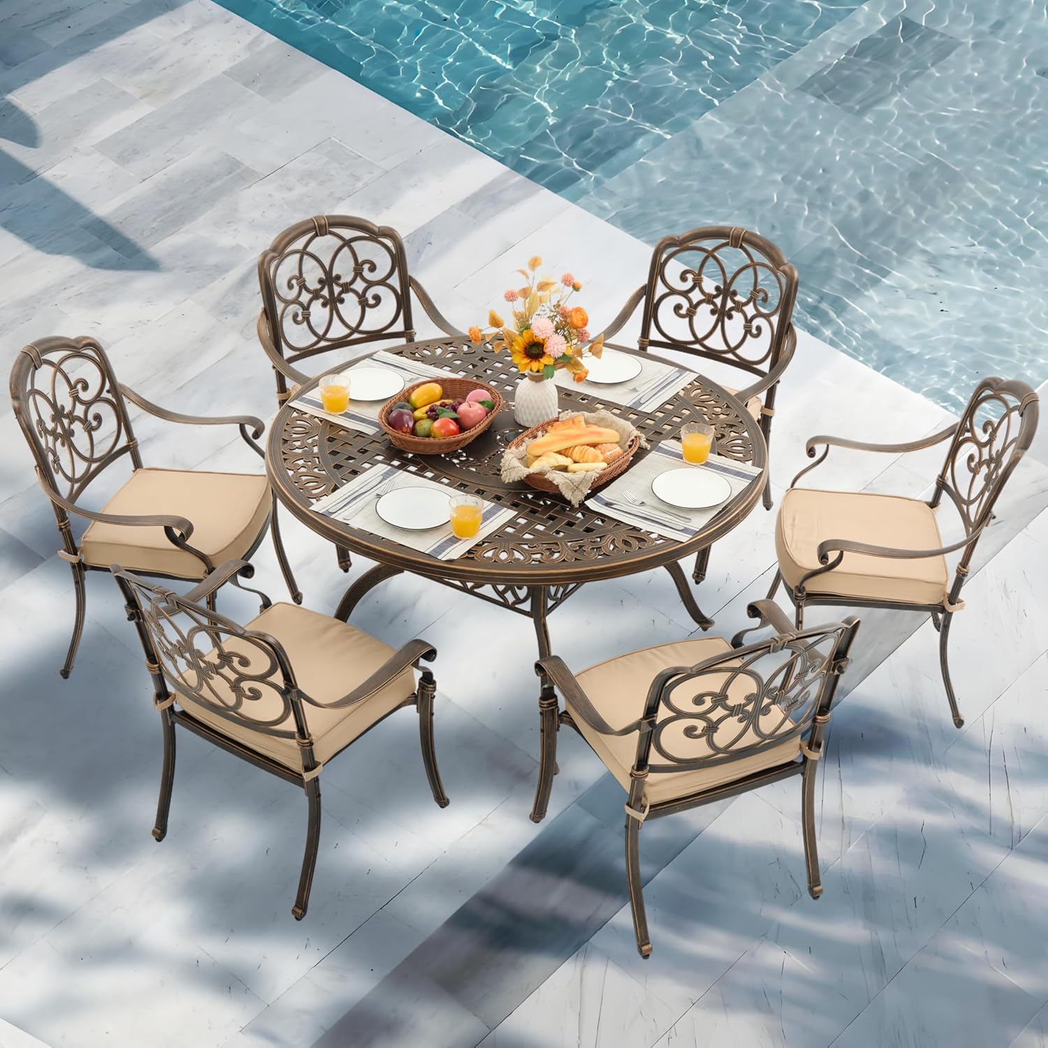 7-Piece Cast Aluminum Outdoor Table and Chairs, Classic Vintage Patio Dining Set for 6 Include 54.5" Round Dining Table and 6 Chairs with Removable Cushion and Umbrella Hole