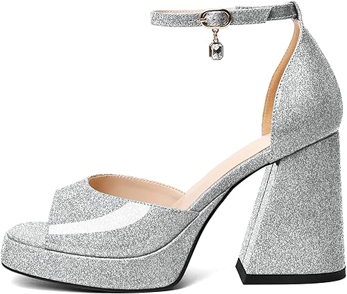 Miniatura 2 de Eldof Tacones gruesos de plataforma para mujer, sandalias de tacón abierto con correa al tobillo, tacones altos gruesos, zapatos de vestir para