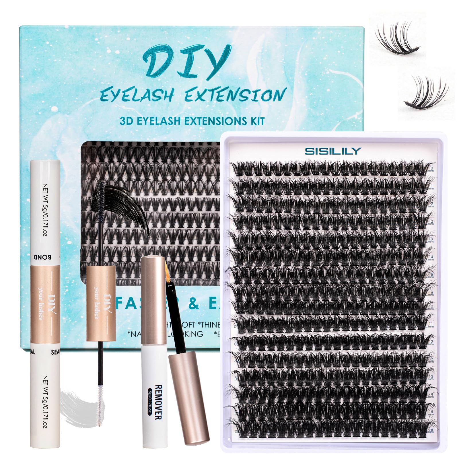 SISILILY Individual Eyelashes Kit- Lash Extension with Bond and Seal-320 Lash Clusters 3D DIY False Eyelashes Mega Cluster Lashes with Eyelash Glue Remover and Tweezers C D Curl-60D+80D