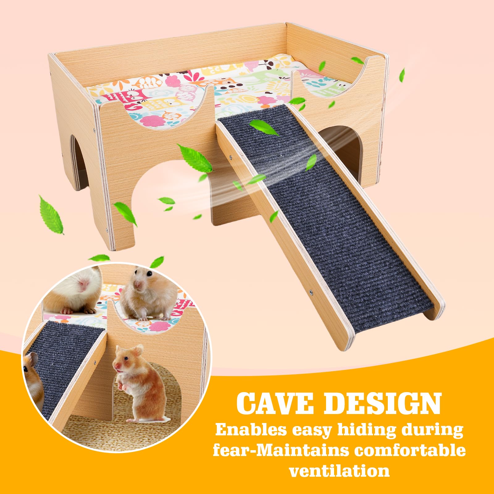 Grande maison pour cochons d'Inde en bois massif avec rampe et 3 entrées, maison de lapin naturel, pour rats, hamsters et petits animaux