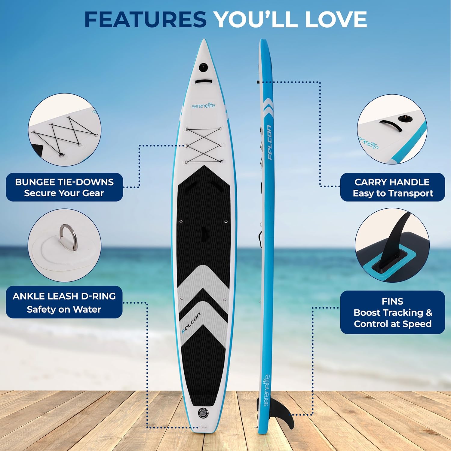 SereneLife 14’ Inflatable Stand Up Paddle Board for Racing – 28” Narrow Design for Expert Paddlers with Non-Slip EVA Deck Pad, Includes Premium SUP Accessories and GoPro Mount, for Youth and Adults