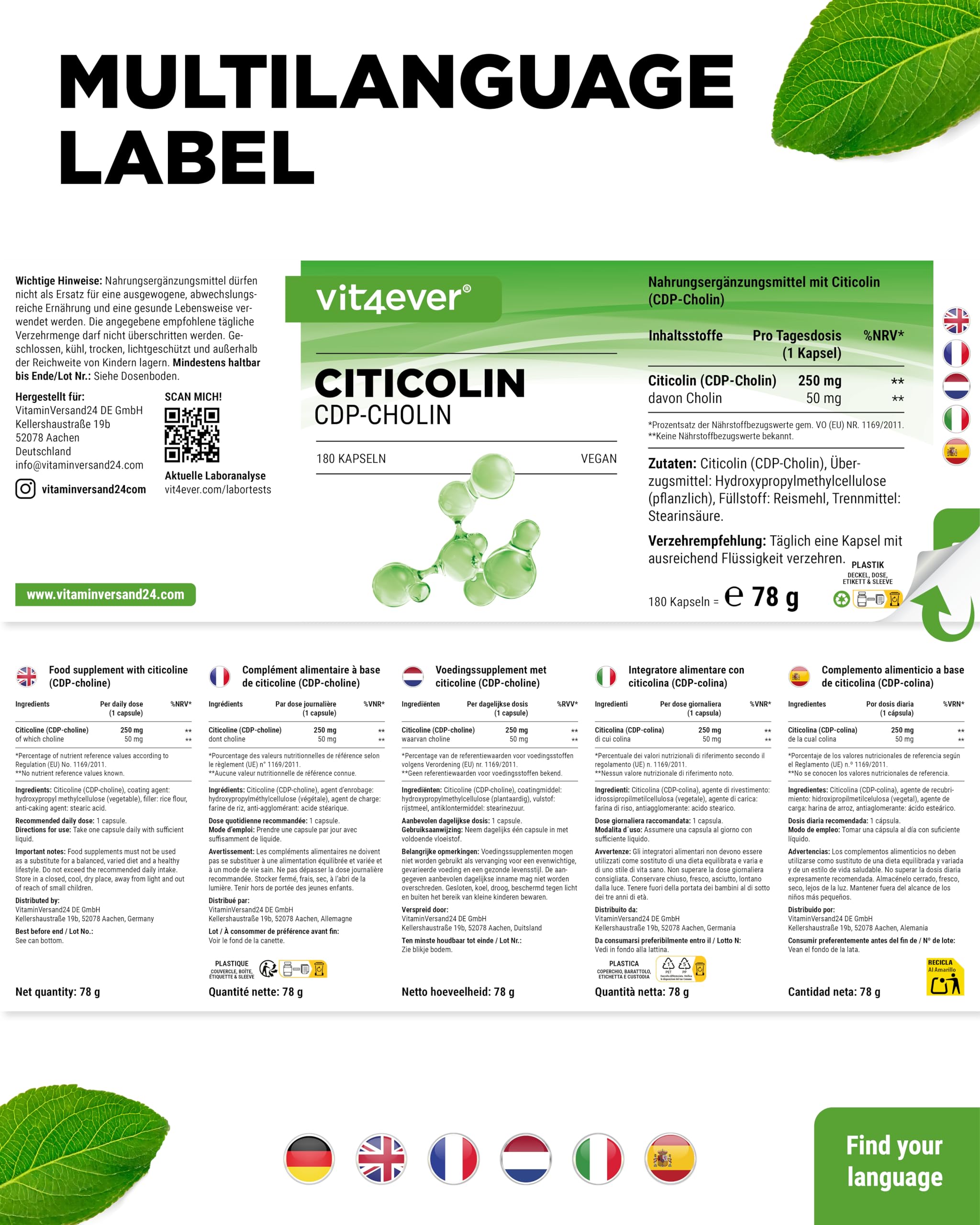 vit4ever CDP Cholin (Citicolin) 250 mg - 180 Kapseln - hochdosiert & bioaktive Cholinform - vegan, ohne unnötige Zusätze