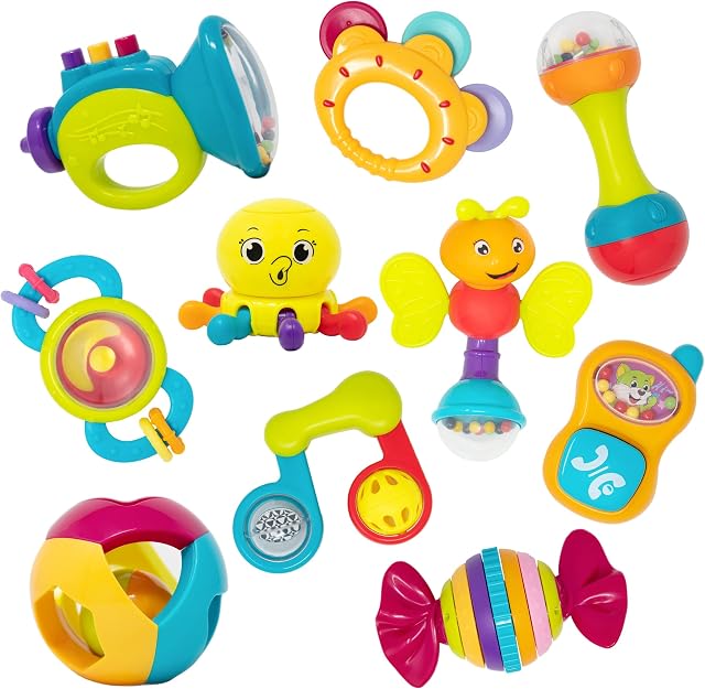 10 pcs Baby Sensory Rattle Toys Set - Grab Rattle Baby Infant Newborn Toys Early Educational Toys for Newborn 3 6 9 12 Month Boys Girls - Shaker and Spin Rattle Toy - Gift for Kids, Multicolor