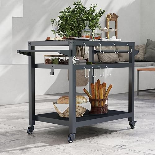 Miniatura 2 de Domi - Carrito de 3 estantes para parrilla al aire libre con ruedas, mesa para horno de pizza y mesa de preparación de alimentos, mesa de acero